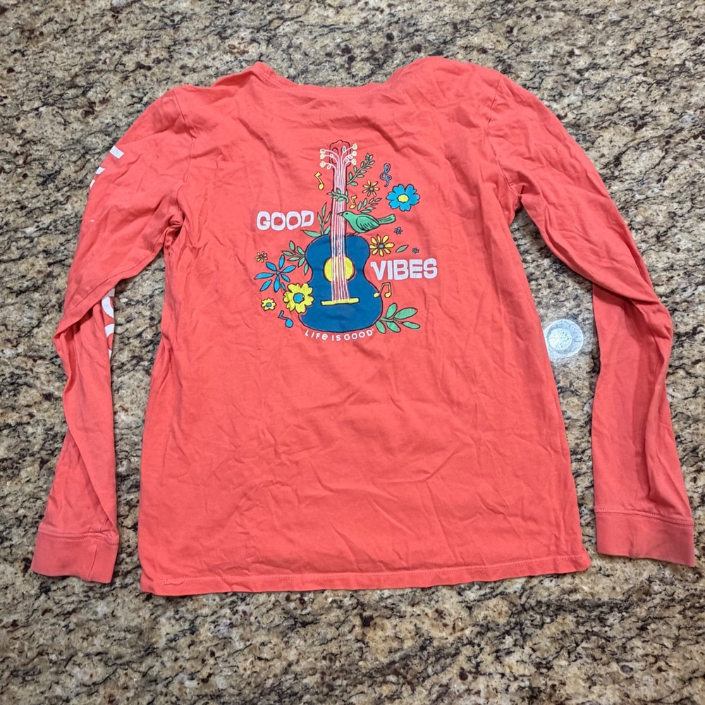 Life is Good Crusher-Lite Long Sleeve T-Shirt Coral Good Vibes Guitar Medium v